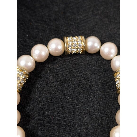 Vintage Napier Faux Pearl Rhinestone Pave Bracelet Gold Tone 6.5" - Picture 4 of 6
